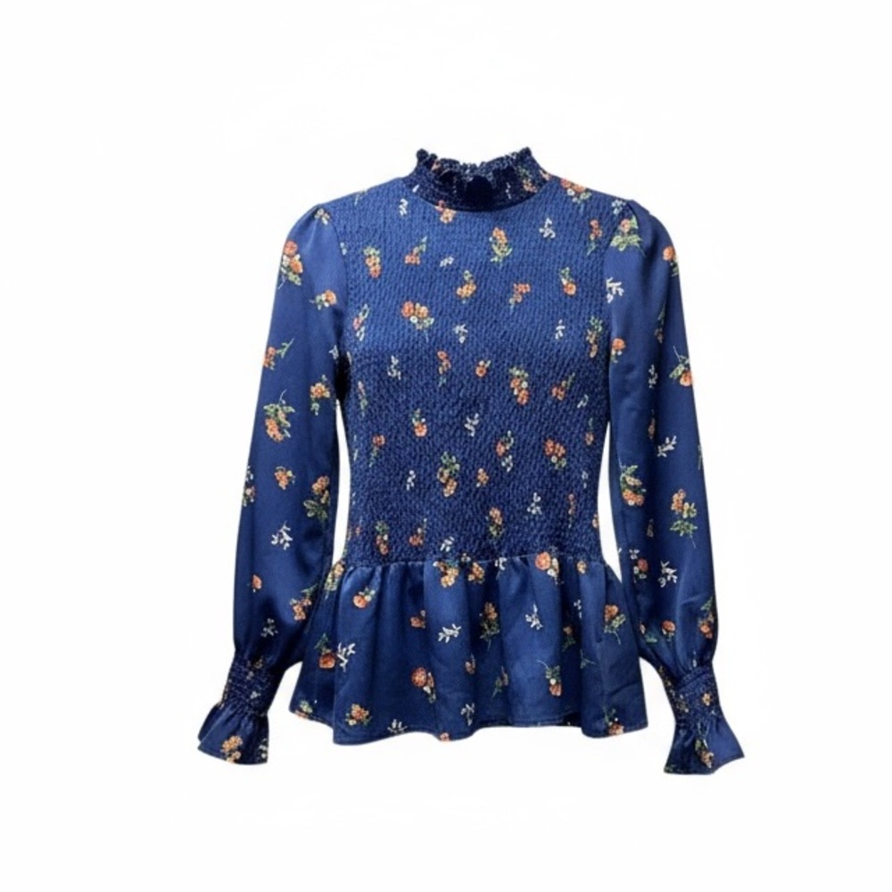 Mary & Mo Blue Floral Smocked Cottagecore Peplum blouse. Size Small